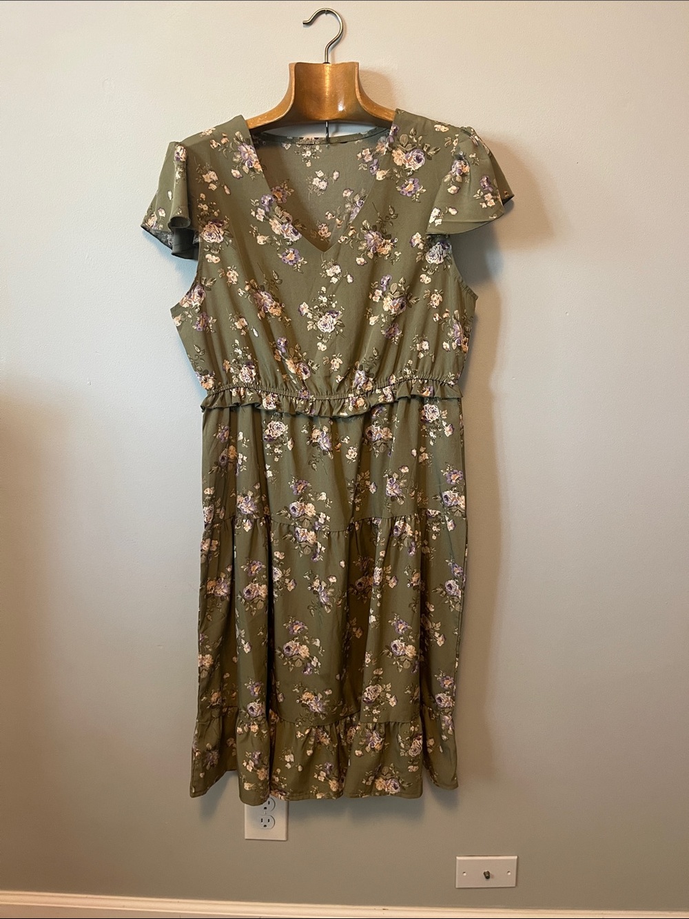Cottagecore Olive Green Floral V-Neck Midi Dress - Picture 1 of 4
